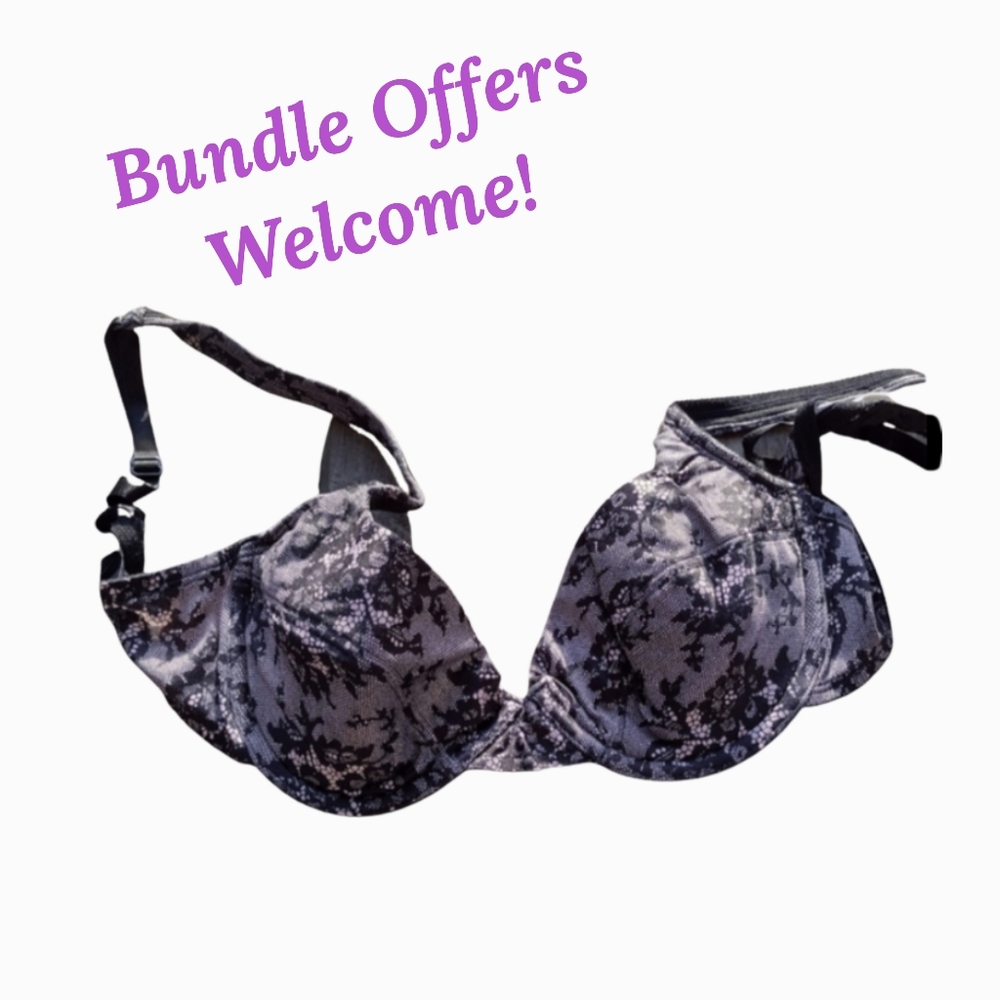 E) Express Women’s Lace Overlay Bra Size 34B Black Gray/light purple Underwire
